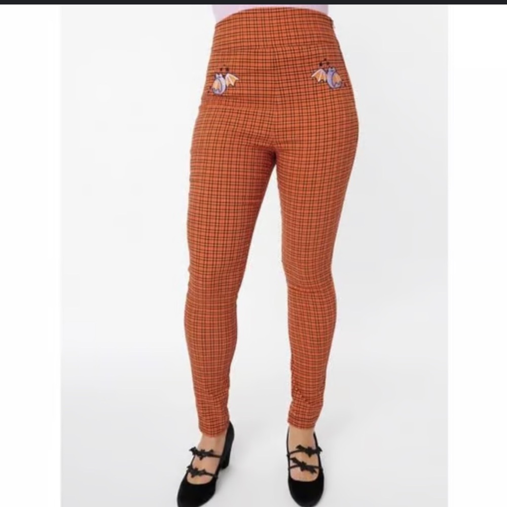 High-Waist Orange Plaid Ponte Leggings Pusheen Halloween